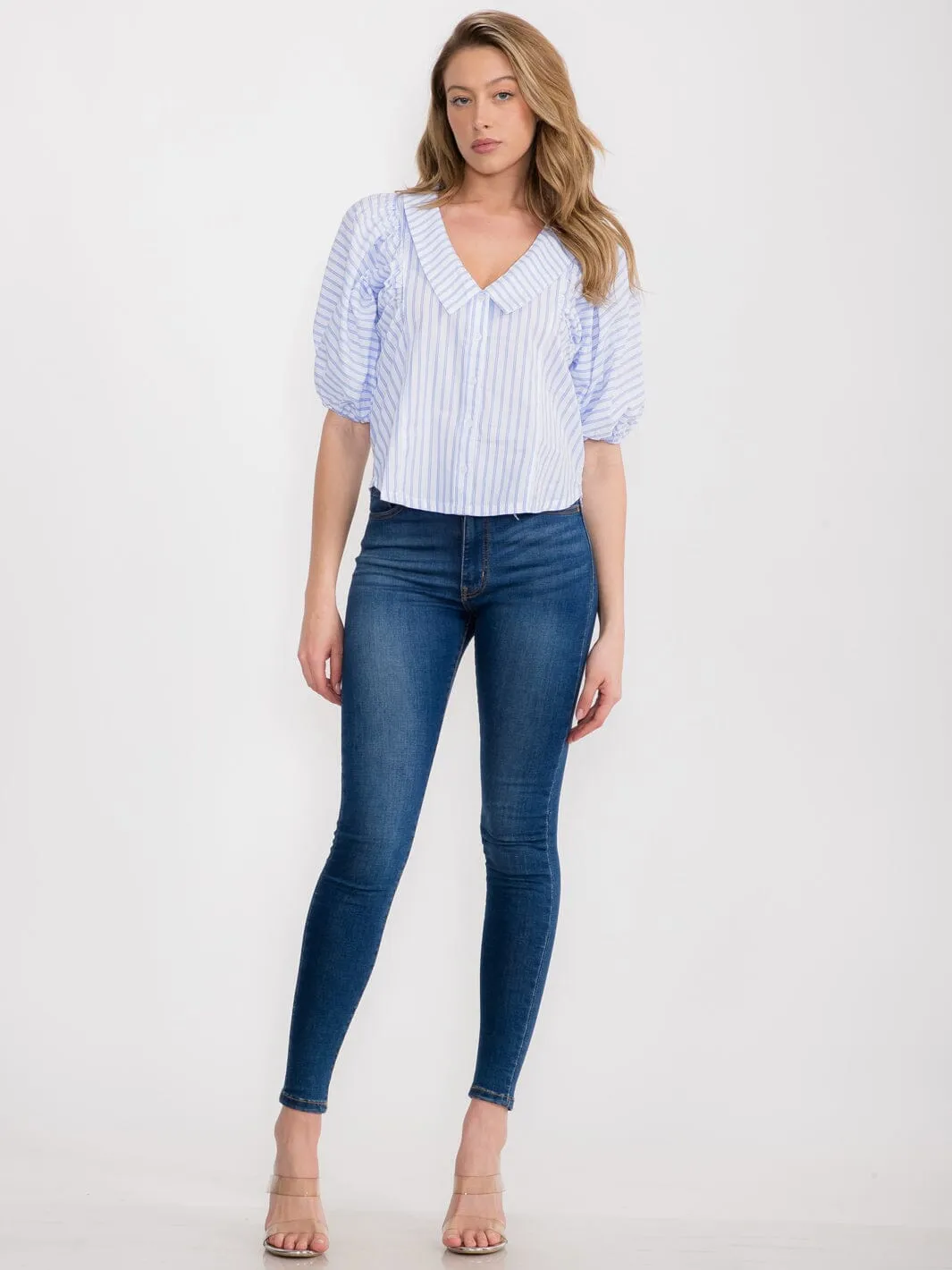 WOMEN'S SHORT PUFF SLEEVE BUTTON UP STRIPES BLOUSE
