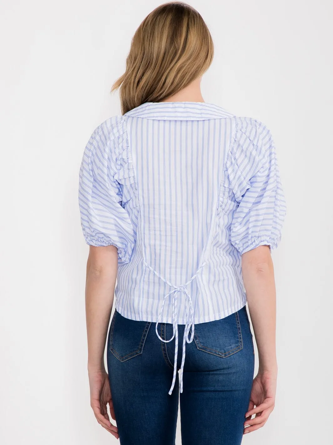 WOMEN'S SHORT PUFF SLEEVE BUTTON UP STRIPES BLOUSE