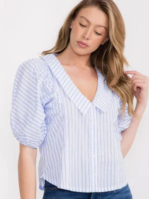 WOMEN'S SHORT PUFF SLEEVE BUTTON UP STRIPES BLOUSE