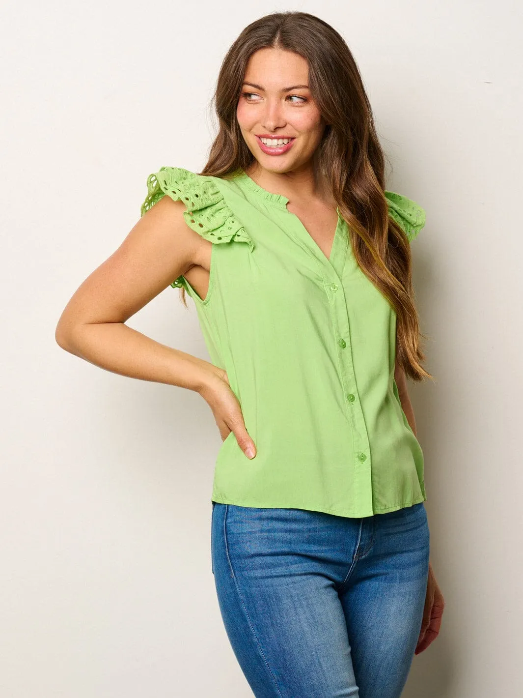 WOMEN'S SHORT RUFFLE EYELET SLEEVES V-NECK BUTTON UP BLOUSE TOP