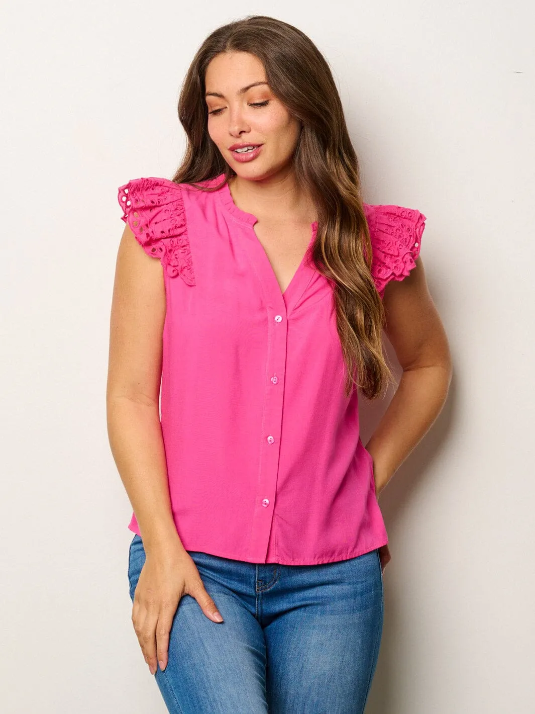 WOMEN'S SHORT RUFFLE EYELET SLEEVES V-NECK BUTTON UP BLOUSE TOP