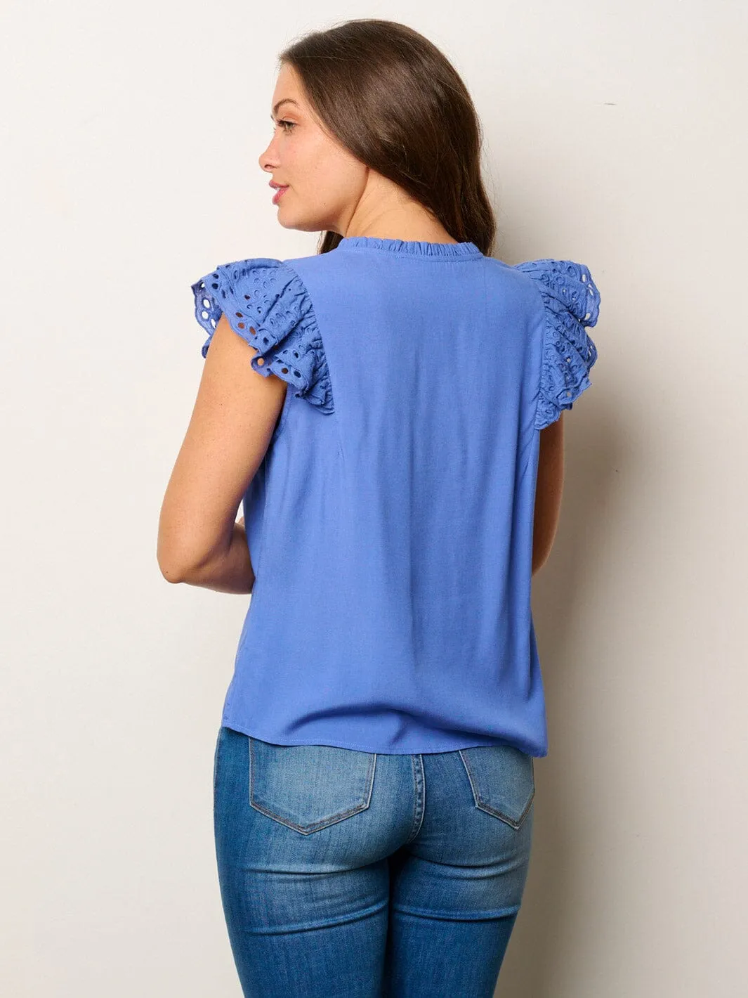 WOMEN'S SHORT RUFFLE EYELET SLEEVES V-NECK BUTTON UP BLOUSE TOP