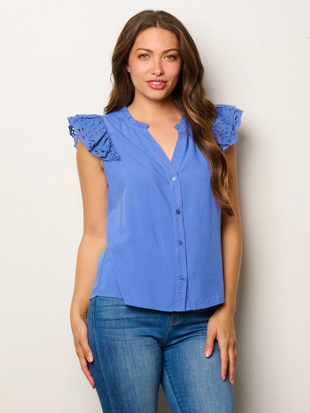WOMEN'S SHORT RUFFLE EYELET SLEEVES V-NECK BUTTON UP BLOUSE TOP