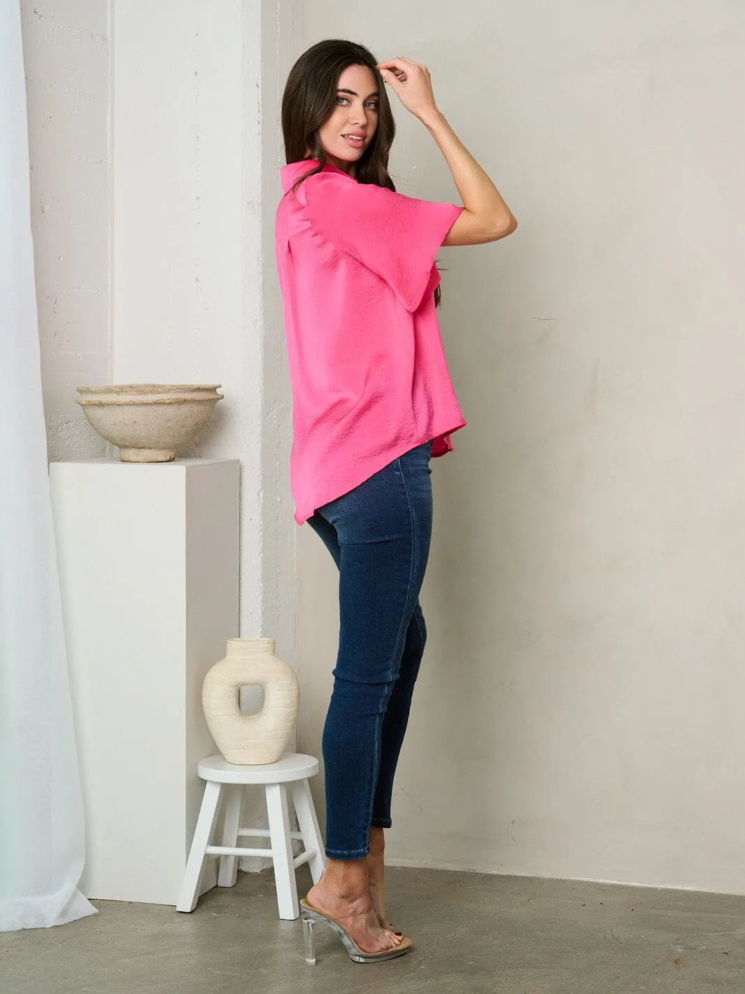WOMEN'S SHORT SLEEVE BUTTON UP BLOUSE TOP