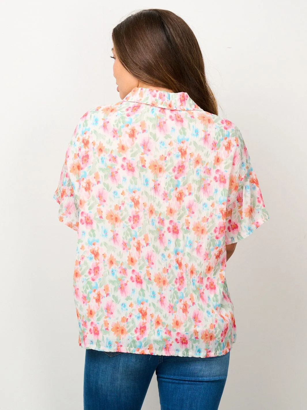 WOMEN'S SHORT SLEEVE BUTTON UP FLORAL BLOUSE TOP