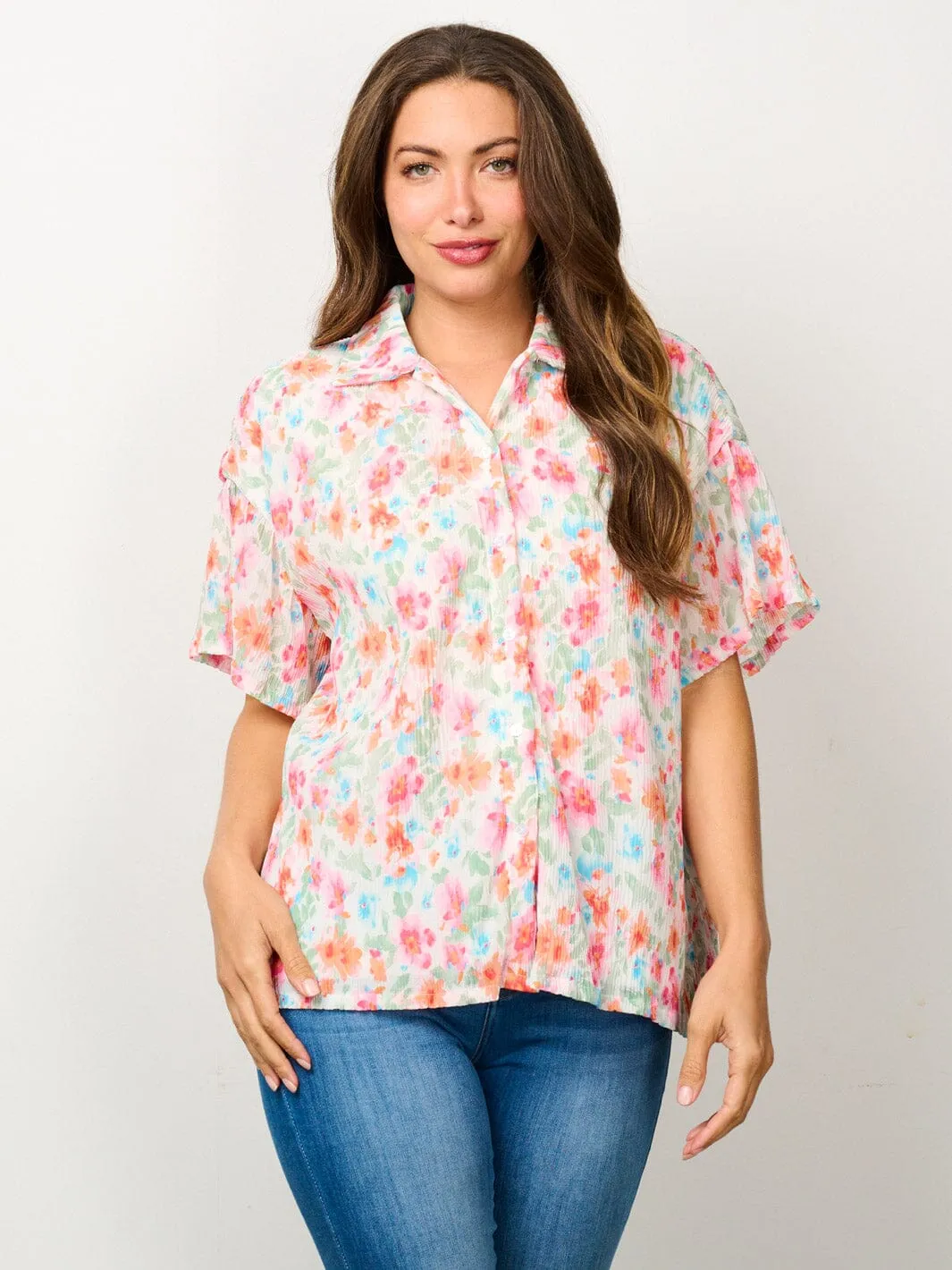WOMEN'S SHORT SLEEVE BUTTON UP FLORAL BLOUSE TOP
