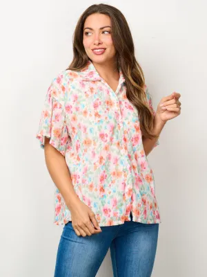 WOMEN'S SHORT SLEEVE BUTTON UP FLORAL BLOUSE TOP