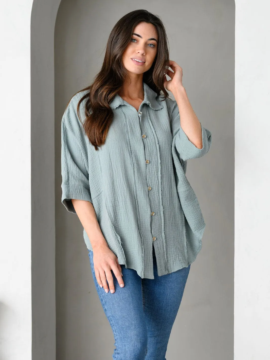 WOMEN'S SHORT SLEEVE BUTTON UP LOOSE FIT TOP