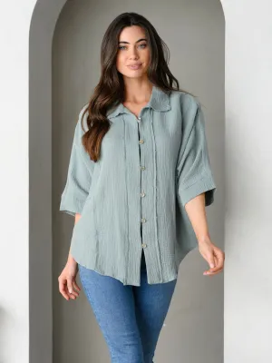 WOMEN'S SHORT SLEEVE BUTTON UP LOOSE FIT TOP