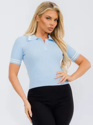 WOMEN'S SHORT SLEEVE BUTTON UP RIBBED BLOUSE TOP