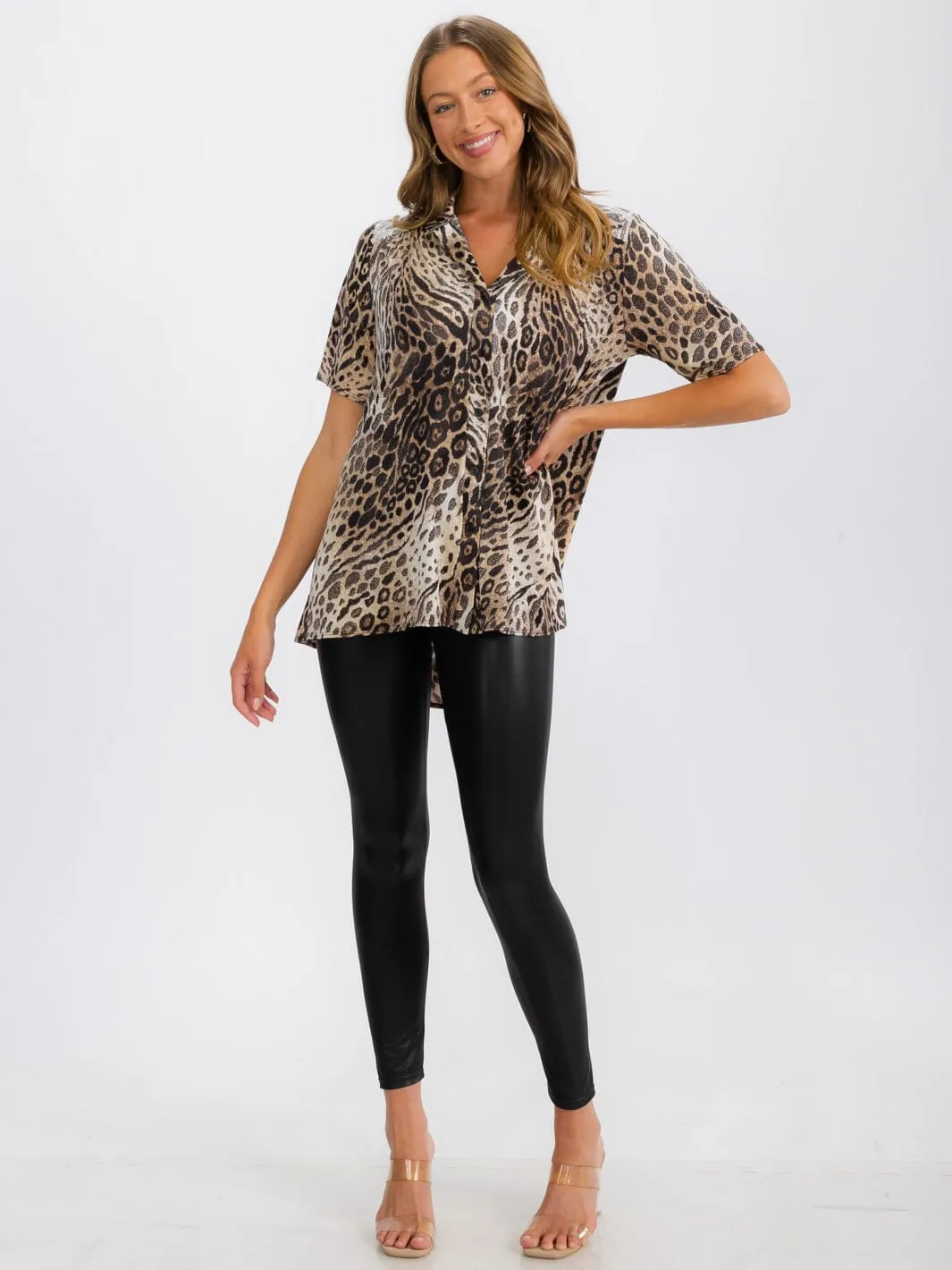 WOMEN'S SHORT SLEEVE BUTTON UP TUNIC ANIMAL PRINT TOP