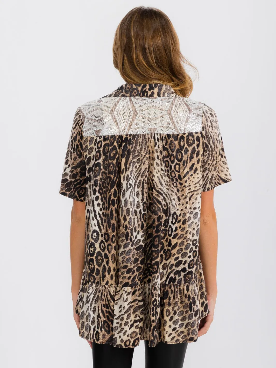 WOMEN'S SHORT SLEEVE BUTTON UP TUNIC ANIMAL PRINT TOP