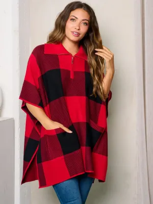 WOMEN'S SHORT SLEEVE POCKETS CHECKERS PRINT ZIP UP PONCHO