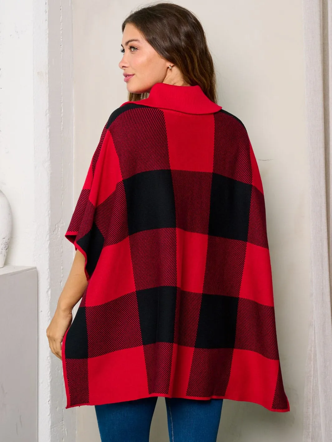 WOMEN'S SHORT SLEEVE POCKETS CHECKERS PRINT ZIP UP PONCHO