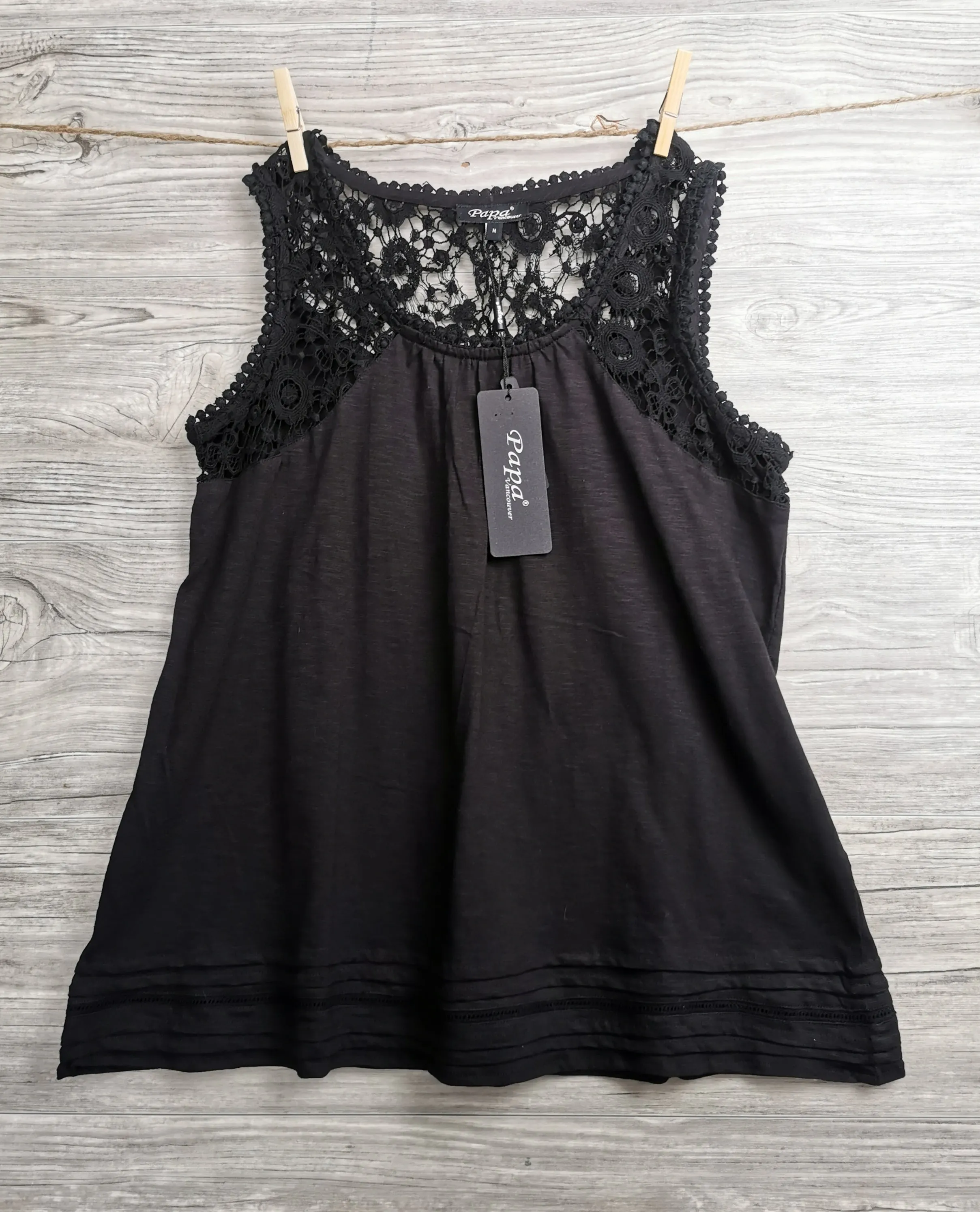WOMENS SIZE MEDIUM - PAPA VANCOUVER, Soft Cotton, Crochet Lace, Black Flowy Dress Top NWT B45
