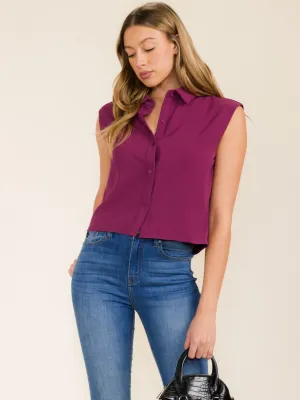 WOMEN'S SLEEVELESS BUTTON UP COLLAR TOP