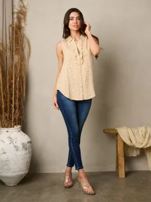WOMEN'S SLEEVELESS BUTTON UP RUFFLE FLORAL TOP