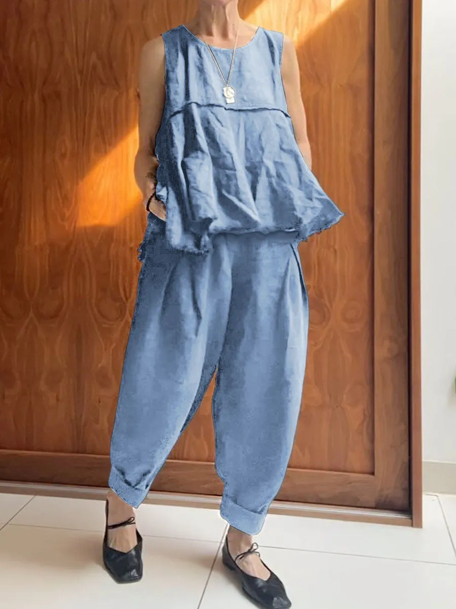 Women's Solid Color Round Neck Sleeveless A-Line Top Casual Pocket Cotton and Linen Cuffed Pants Set