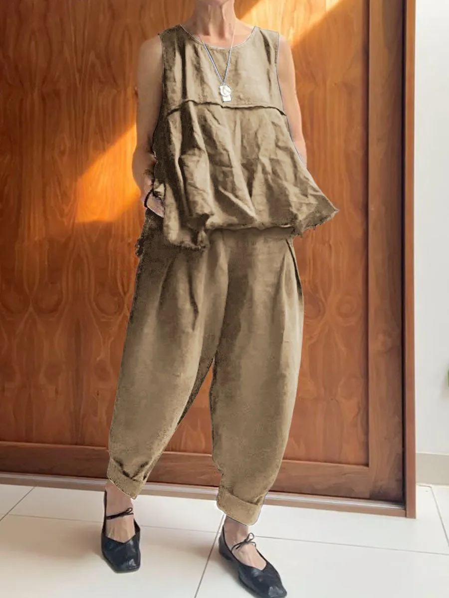 Women's Solid Color Round Neck Sleeveless A-Line Top Casual Pocket Cotton and Linen Cuffed Pants Set