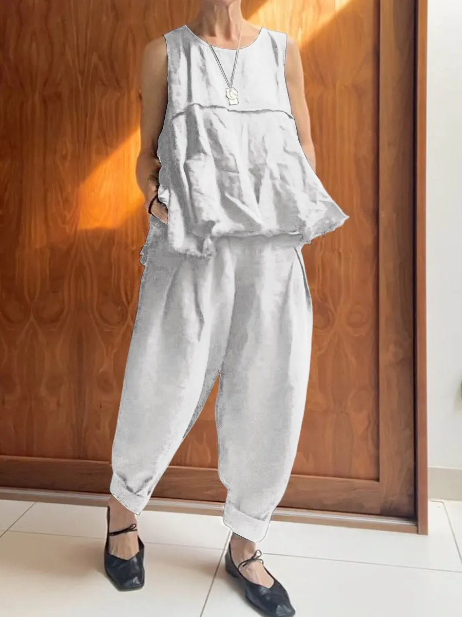 Women's Solid Color Round Neck Sleeveless A-Line Top Casual Pocket Cotton and Linen Cuffed Pants Set