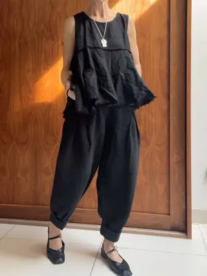 Women's Solid Color Round Neck Sleeveless A-Line Top Casual Pocket Cotton and Linen Cuffed Pants Set