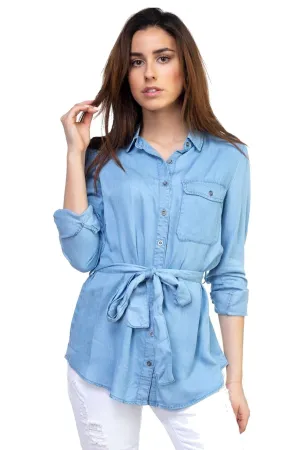 Women's Tencel Light Wash Denim Long Sleeved Tunic Top