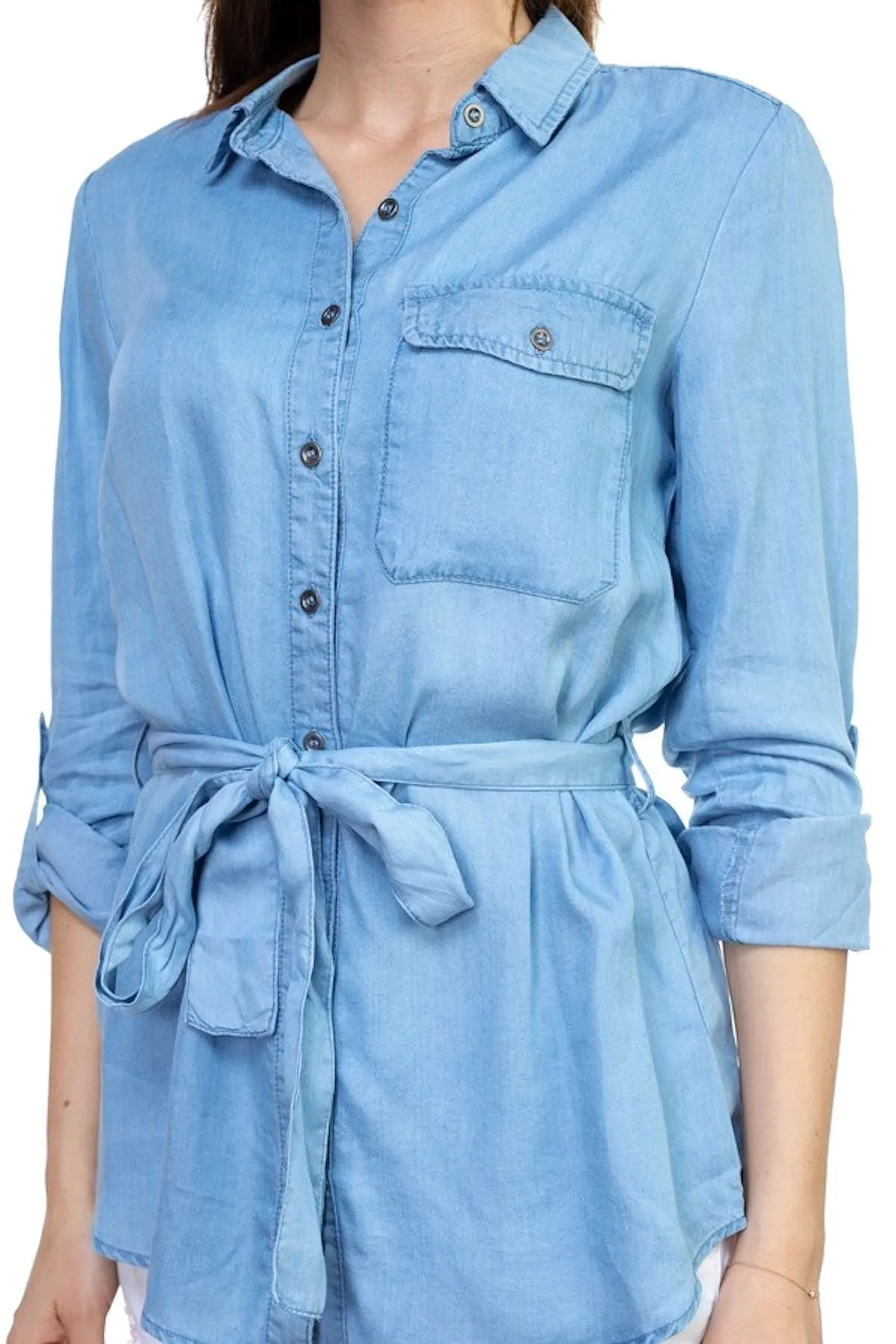 Women's Tencel Light Wash Denim Long Sleeved Tunic Top