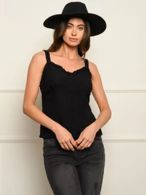 WOMEN'S V-NECK RUFFLE STRAP BUTTON DOWN SMOCKING BACK TANK TOP
