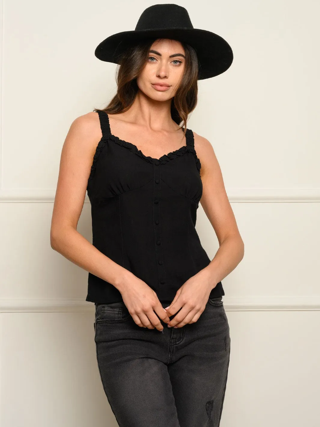 WOMEN'S V-NECK RUFFLE STRAP BUTTON DOWN SMOCKING BACK TANK TOP