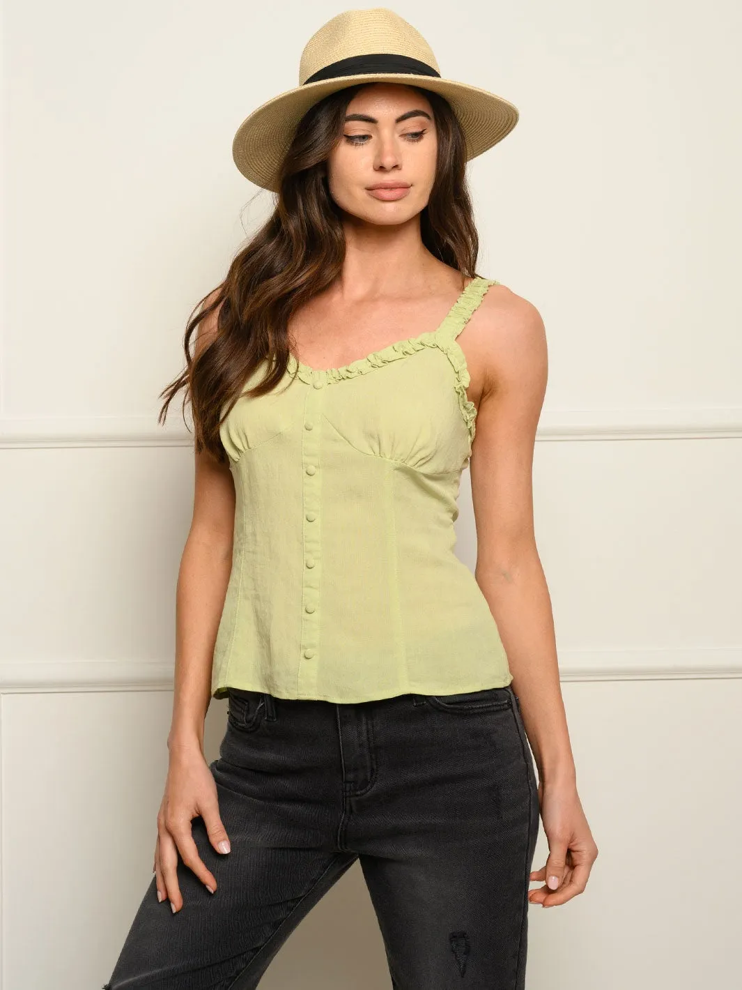 WOMEN'S V-NECK RUFFLE STRAP BUTTON DOWN SMOCKING BACK TANK TOP