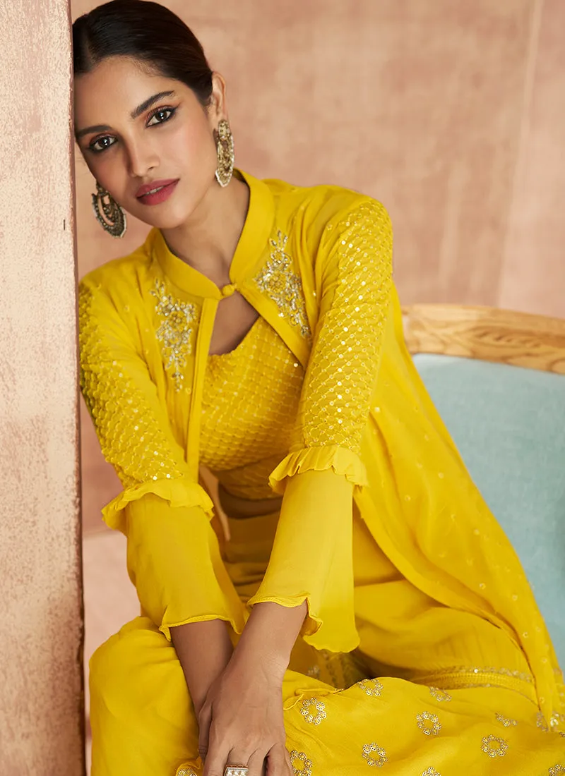 Yellow Embroidered Jacket Style palazzo Suit