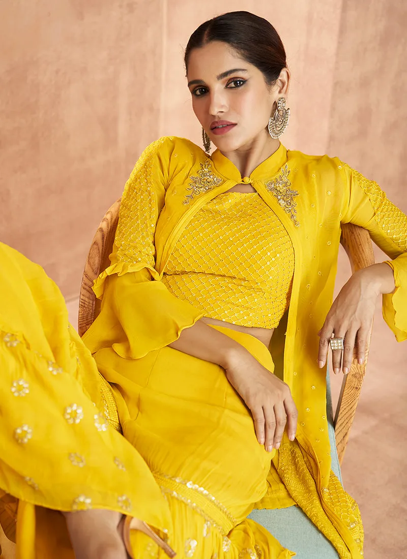 Yellow Embroidered Jacket Style palazzo Suit