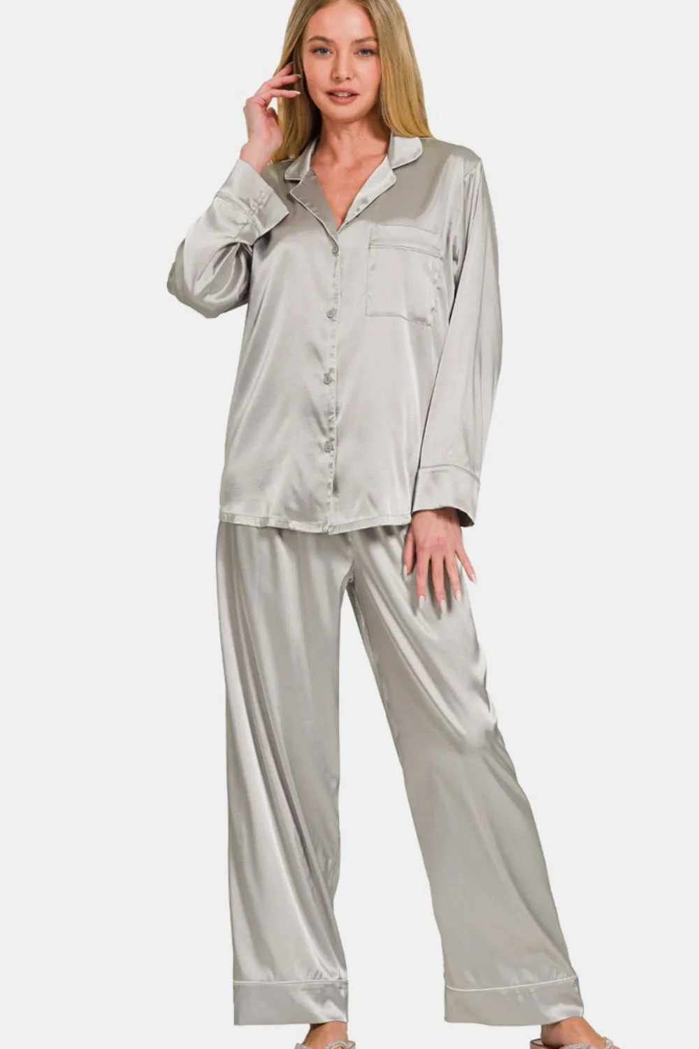 Zenana Satin Pajama Set: Long Sleeve Shirt and Pants Set