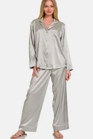 Zenana Satin Pajama Set: Long Sleeve Shirt and Pants Set