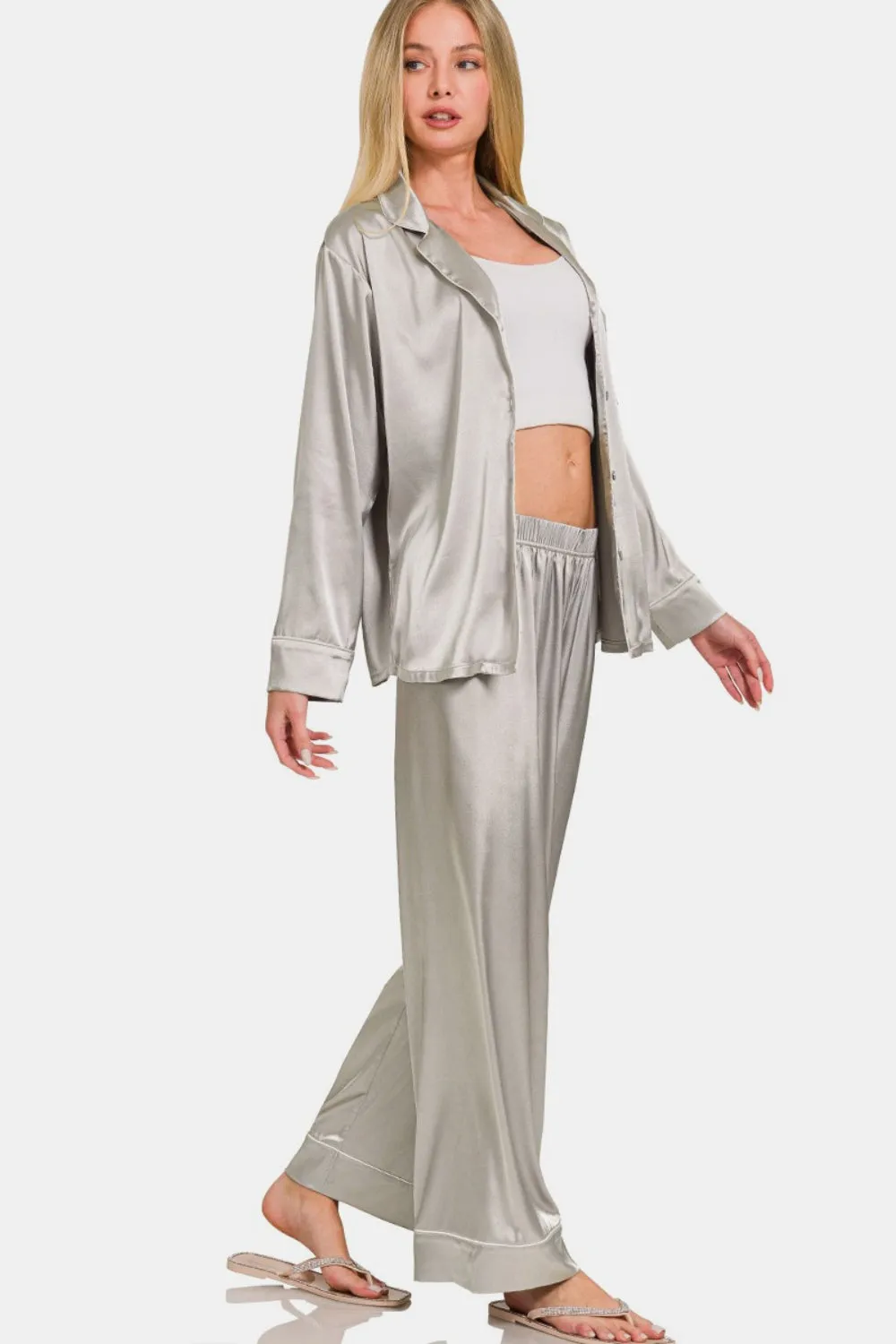 Zenana Satin Pajama Set: Long Sleeve Shirt and Pants Set